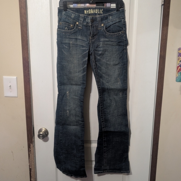 Hydraulic RN 99678 Gold Wings Boot Cut Jeans Size 7/8 Distressed Y2K Vintage - Picture 1 of 6